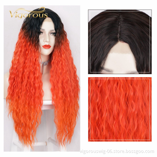 Vendors Small Swiss U Part Heat Resistant Ombre Black Orange Red Deep Wave African Wigs Lace Front Synthetic